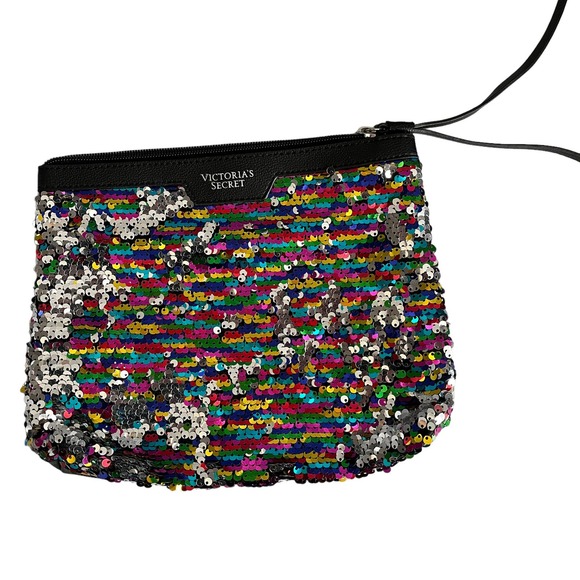 Victoria's Secret Multi Colored‎ Sequin Clutch Wristlet Purse Makeup Bag Black - Picture 1 of 4